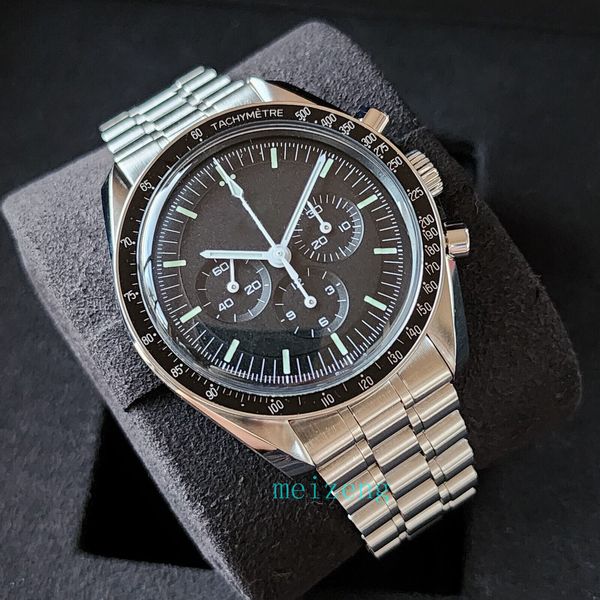 

luxury a brand-new wristwatch brand new quartz chronography 42mm haselite 3861 moonwatch black no box, Slivery;brown