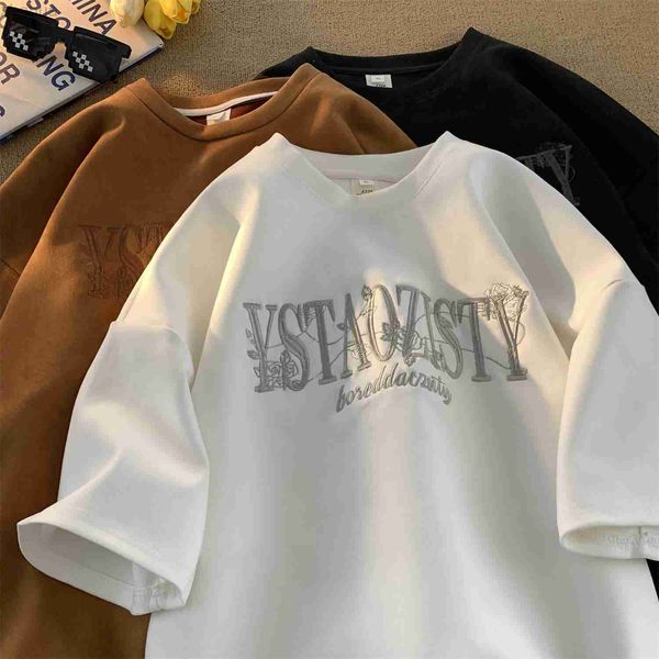 galleries 400g heavyweight embroidered t-shirt men's short sleeve american retro large loose half sleeve summer suede clothes, White;black
galleries 400g heavyweight embroidered t-shirt men's short sleeve american retro large loose half sleeve summer suede clothes, White;black