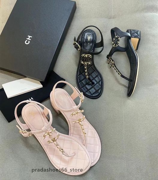 Image of New Flats sandal Women Shoes channel 2023 Summer Beach Clip Toe Slides Luxury Brand Designer Flip-flops Quilted Chain Sandals low heel Women Slippers logo tn