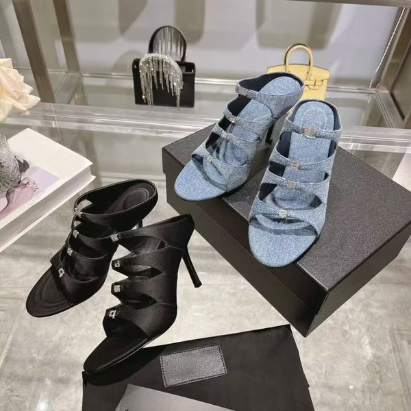 women's genuine leather bottom high heel slippers fashion open toe fish mouth four belt diamond buckle satin denim sandals 10.5cm show, Black
women's genuine leather bottom high heel slippers fashion open toe fish mouth four belt diamond buckle satin denim sandals 10.5cm show, Black