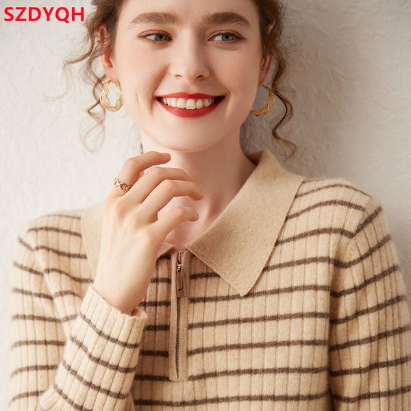 women's sweaters 2023 autumn winter 100 cashmere sweater polo collar striped pullover female loose knitted jumper 230729, White;black
women's sweaters 2023 autumn winter 100 cashmere sweater polo collar striped pullover female loose knitted jumper 230729, White;black