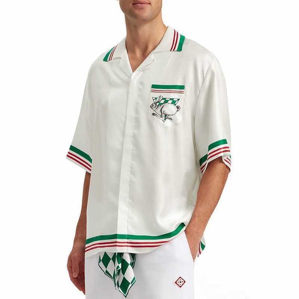 casablanca button up shirt running rabbit racing flag pocket contrast striped hawaiian shirt short sleeve fashion for men and women, White;black
casablanca button up shirt running rabbit racing flag pocket contrast striped hawaiian shirt short sleeve fashion for men and women, White;black