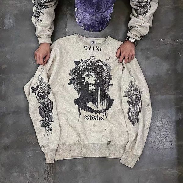washed sweatshirts men women oversized portrait graffiti print damaged hooded pullover, Black;brown