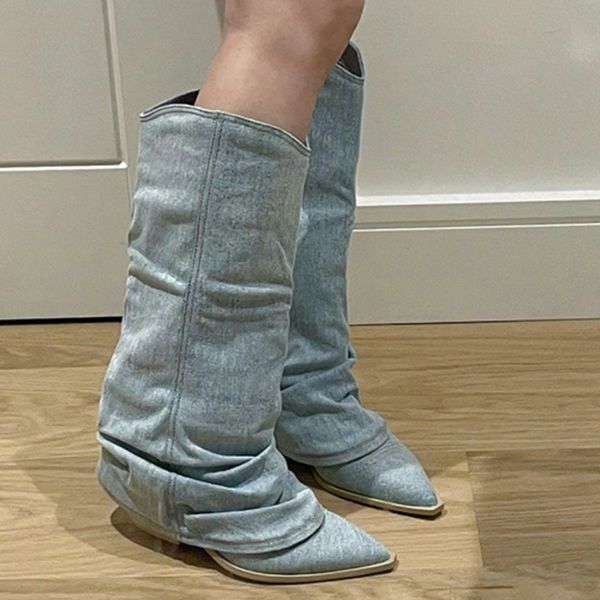 boots blue denim knee high boots women pointed toe thick heels western boots woman pleated pull-on long cowboy botas mujer 230729, Black
boots blue denim knee high boots women pointed toe thick heels western boots woman pleated pull-on long cowboy botas mujer 230729, Black