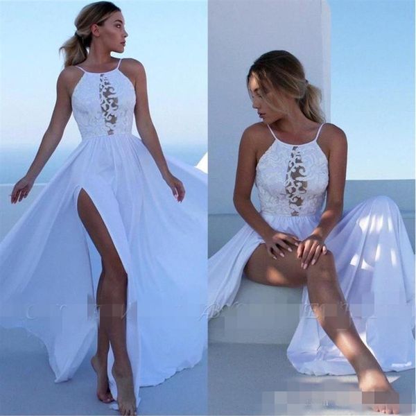 2020 beach wedding dresses halter illusion bodice high side slit split chiffon boho sweep train lace applique wedding bridal 274n, White
2020 beach wedding dresses halter illusion bodice high side slit split chiffon boho sweep train lace applique wedding bridal 274n, White