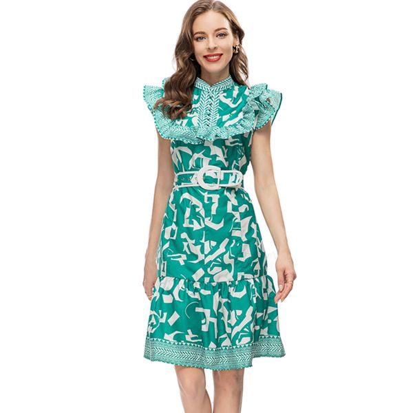 women's runway dresses o neck sleeveless ruffles printed a line fashion short vestidos with belt, Black
women's runway dresses o neck sleeveless ruffles printed a line fashion short vestidos with belt, Black