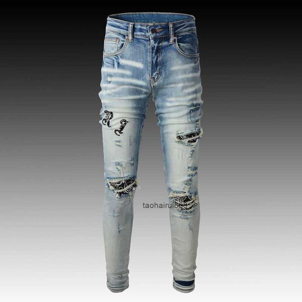 high street style new light embroidered hole patch jeans for men's stretch slim fit small feet trendy pants, Blue
high street style new light embroidered hole patch jeans for men's stretch slim fit small feet trendy pants, Blue