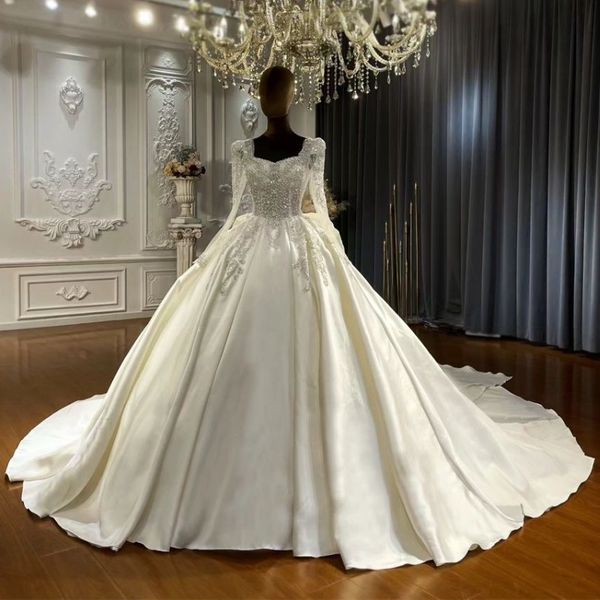 luxury satin wedding dresses sweetheart long sleeves floor length lace beading crystal bridal gowns with back big bow ball gown, White
luxury satin wedding dresses sweetheart long sleeves floor length lace beading crystal bridal gowns with back big bow ball gown, White