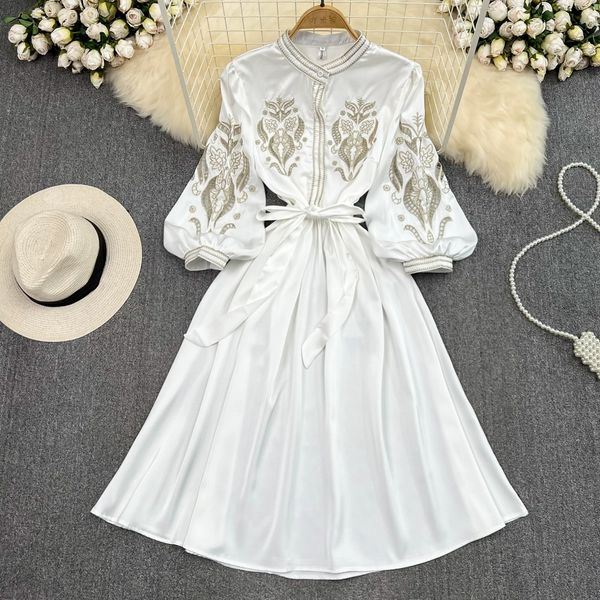 high end light luxury elegant lantern sleeve dress stand up collar embroidery waist closure slim a-line elegant large swing long skirt, Black;gray
high end light luxury elegant lantern sleeve dress stand up collar embroidery waist closure slim a-line elegant large swing long skirt, Black;gray