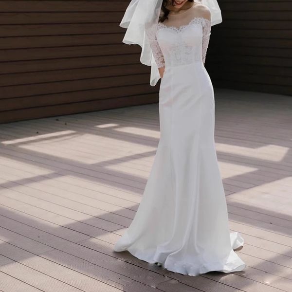 elegant mermaid wedding dress chiffon with lace bridal gowns sheer neckline long sleeves zipper with buttons back, White
elegant mermaid wedding dress chiffon with lace bridal gowns sheer neckline long sleeves zipper with buttons back, White