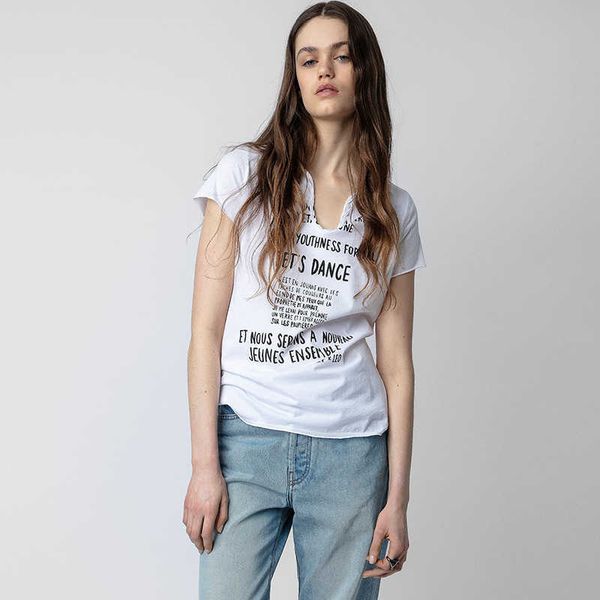 23ss designer tide t shirts zadig voltaire pure cotton front english letter printed u-neck cotton slim fitting women short sleeved designer, White
23ss designer tide t shirts zadig voltaire pure cotton front english letter printed u-neck cotton slim fitting women short sleeved designer, White
