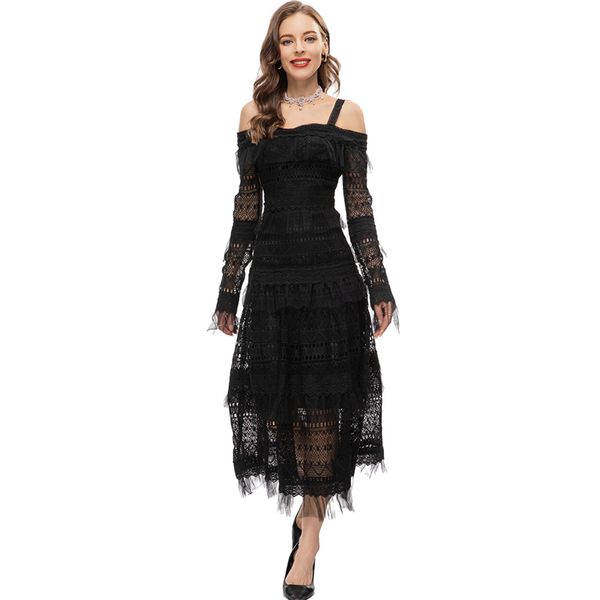 women's runway dresses spaghetti straps off the shoulder embroidery lace ruffles high street fashion vestidos, Black
women's runway dresses spaghetti straps off the shoulder embroidery lace ruffles high street fashion vestidos, Black