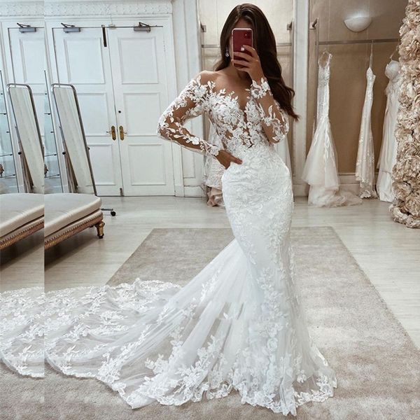 flower lace applique mermaid wedding dress long sleeve lager size wedding bridal gown see through women dresses for bride, White
flower lace applique mermaid wedding dress long sleeve lager size wedding bridal gown see through women dresses for bride, White