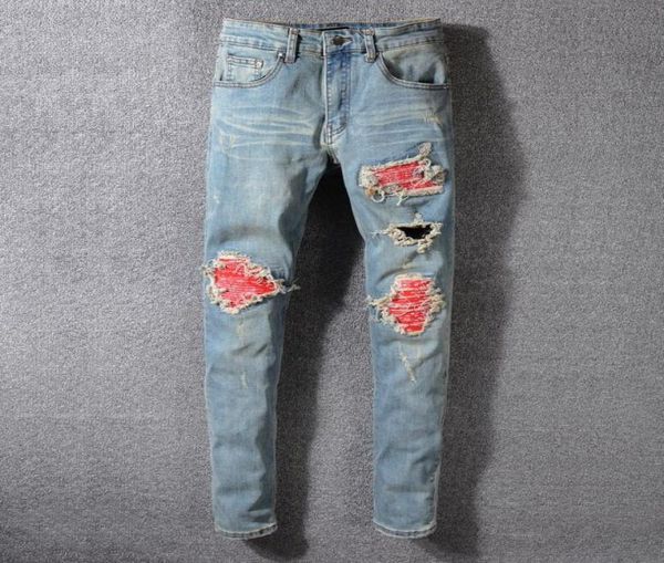 

mens plated ripped blue skinny jeans fashion designer distressed slim fit motorcycle biker hole beggar hip hop denim pants 5523788273