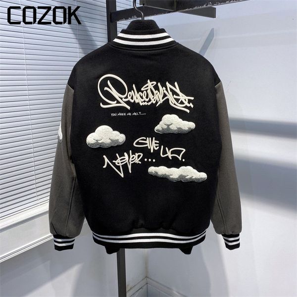 mens jackets winter baseball jacket men patchwork heavy industry cloud letter embroidery quilted varsity couple harajuku bomber coat 230729, Black;brown
mens jackets winter baseball jacket men patchwork heavy industry cloud letter embroidery quilted varsity couple harajuku bomber coat 230729, Black;brown