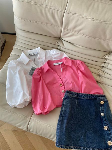 23 spring/summer sp skirt, cotton bubble sleeves short button open navel shirt with denim half skirt july, White
23 spring/summer sp skirt, cotton bubble sleeves short button open navel shirt with denim half skirt july, White