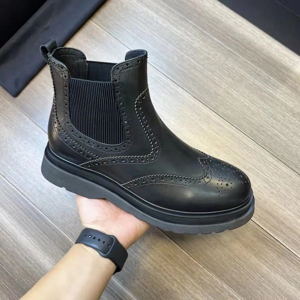 

high-end brushed leather re-nylon men ankle boots winter black recycled enameled metal triangle combat chunky lug sole platform motorcycle b