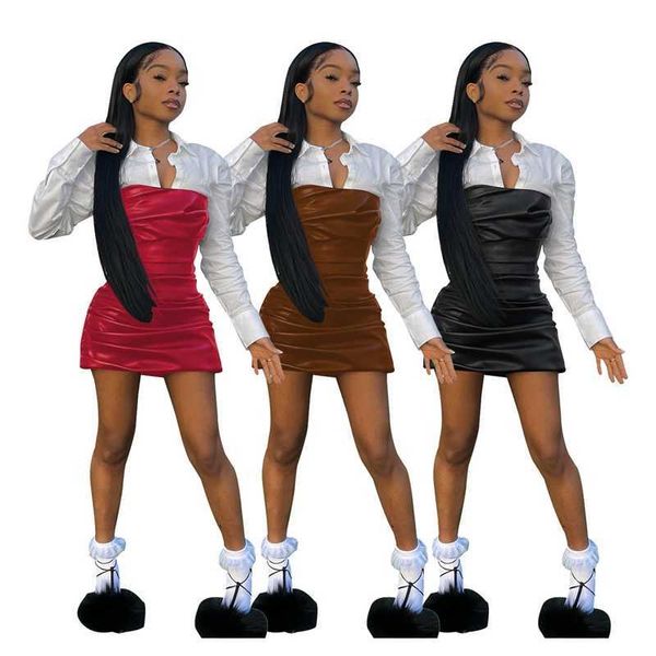 designer dresses for women shirt spliced leather long sleeve skirt pleated fake two piece punk style autumn casual dress, Black;gray
designer dresses for women shirt spliced leather long sleeve skirt pleated fake two piece punk style autumn casual dress, Black;gray