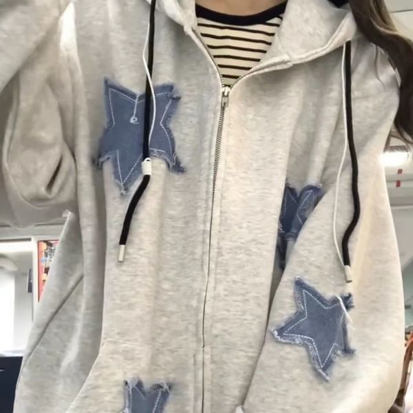 women's hoodies sweatshirts star zip up hoodie y2k fashion high street hip hop flocking hoodies women clothing loose sweatshirt clothes, Black
women's hoodies sweatshirts star zip up hoodie y2k fashion high street hip hop flocking hoodies women clothing loose sweatshirt clothes, Black