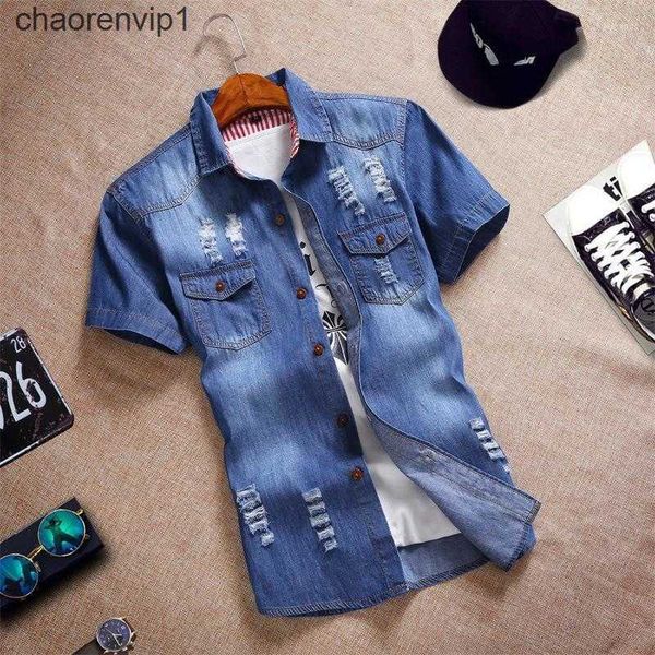 men's casual shirts men's 2022 summer denim short sleeve shirt hole korean slim gown for men harajuku, White;black
men's casual shirts men's 2022 summer denim short sleeve shirt hole korean slim gown for men harajuku, White;black