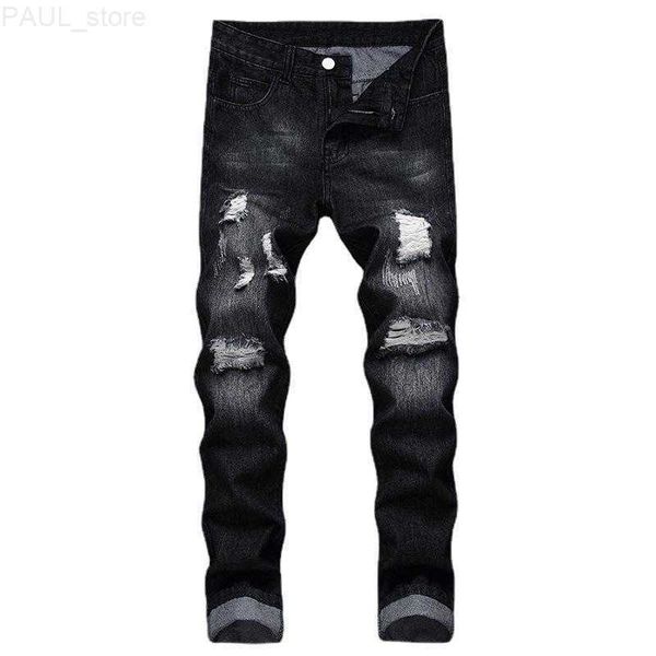 men's jeans black hole denim men slim solid color bleached ripped full length casual trousers cowboy fashion l230731, Blue
men's jeans black hole denim men slim solid color bleached ripped full length casual trousers cowboy fashion l230731, Blue