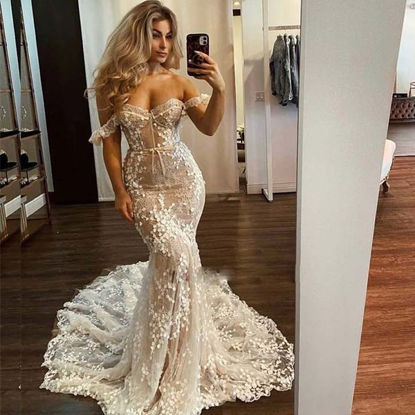 champagne appliques lace mermaid wedding dresses off shoulder corset wedding dress for women customized bridal gowns, White
champagne appliques lace mermaid wedding dresses off shoulder corset wedding dress for women customized bridal gowns, White
