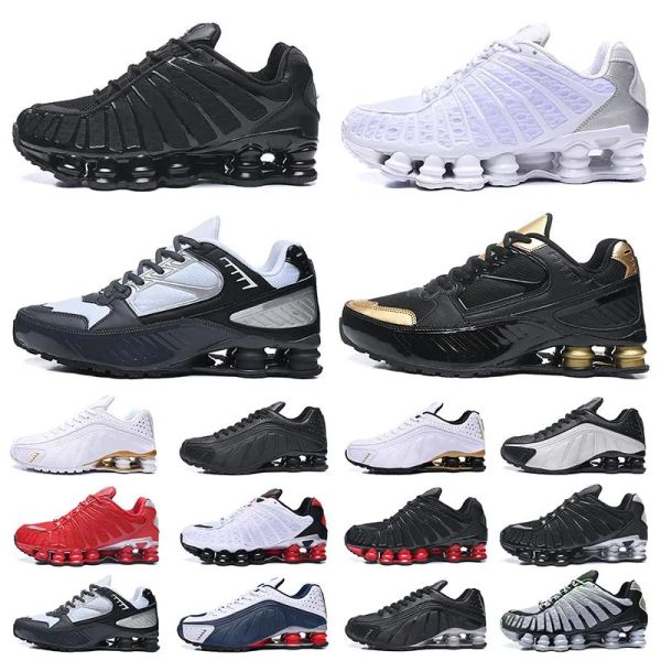 Image of shox tl running shoes men women r4 oz nz 301 Triple Black White Gold Silver Metallic Enigma Royal Racer Blue OG Volt mens womens outdoor sports trainer sneakers