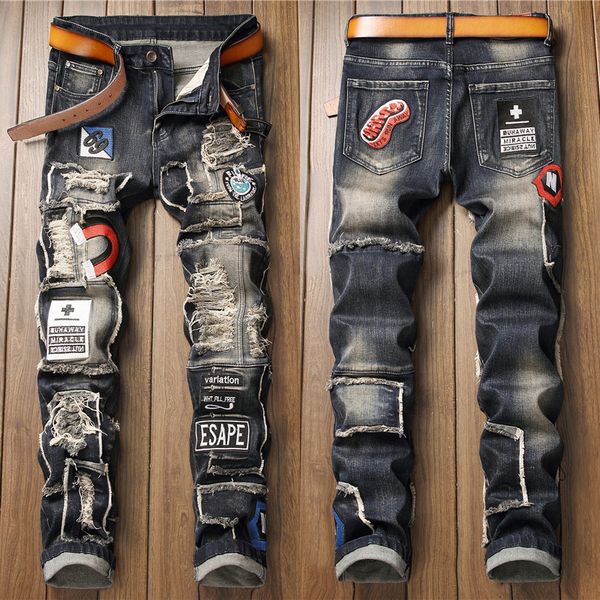 men's jeans men's luxury hole ripped retro jeans distressed badge patched embroidery denim pants slimming hard washed casual jeans, Blue
men's jeans men's luxury hole ripped retro jeans distressed badge patched embroidery denim pants slimming hard washed casual jeans, Blue
