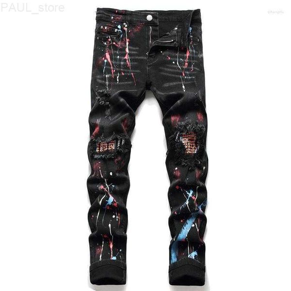 men's jeans mens denim pants rivet ripped spray printed streetwear slim fit designer hip hop men clothing high street punk l230731, Blue
men's jeans mens denim pants rivet ripped spray printed streetwear slim fit designer hip hop men clothing high street punk l230731, Blue