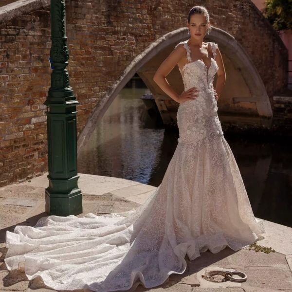 2023 gorgeous mermaid wedding dresses spaghetti straps sleeveless bodice 3d floral applique bridal gown, White
2023 gorgeous mermaid wedding dresses spaghetti straps sleeveless bodice 3d floral applique bridal gown, White