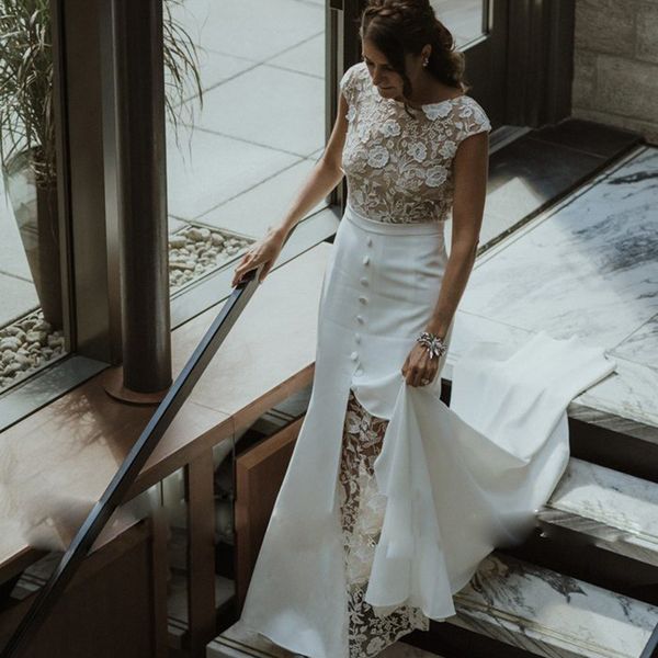 chic lace mermaid wedding dress jewel neck cap sleeve front split bridal dresses satin sweep train garden vestido de mariee, White
chic lace mermaid wedding dress jewel neck cap sleeve front split bridal dresses satin sweep train garden vestido de mariee, White