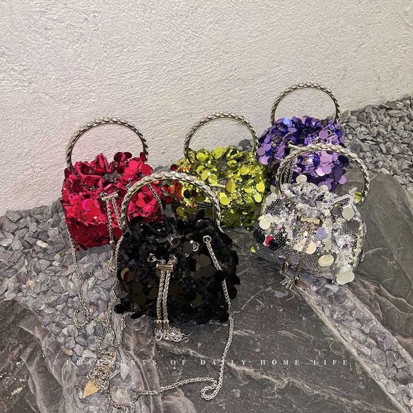 new tassel metal shiny sequin bucket bag colorful dinner beads mobile phone chain carrying crossbody female 230731