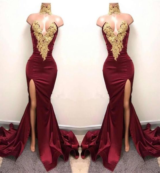 2019 burgundy high neck mermaid prom dresses gold lace appliques side split evening dresses party wear ba59981004379, Black
2019 burgundy high neck mermaid prom dresses gold lace appliques side split evening dresses party wear ba59981004379, Black