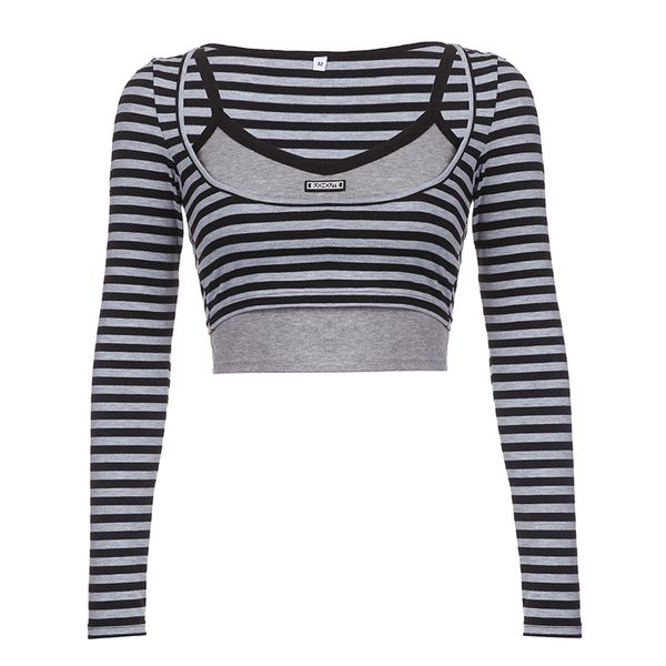 women's t-shirt slim-fit halter neck vest contrast color stripe long sleeves fringed printed leaky shoulder t-shirt wwo-piece set for w, White
women's t-shirt slim-fit halter neck vest contrast color stripe long sleeves fringed printed leaky shoulder t-shirt wwo-piece set for w, White
