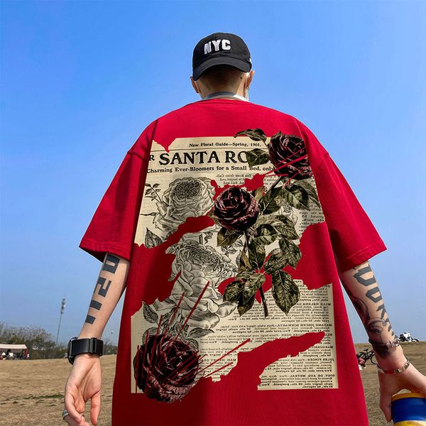 designer vintage rose print short sleeve t-shirt for men's summer american retro loose fashion brand ins street style half sleeve, White;black
designer vintage rose print short sleeve t-shirt for men's summer american retro loose fashion brand ins street style half sleeve, White;black