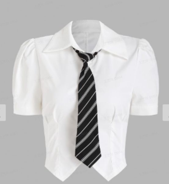 short puff sleeves slim fit shirt detailed hem with necktie striped, White
short puff sleeves slim fit shirt detailed hem with necktie striped, White