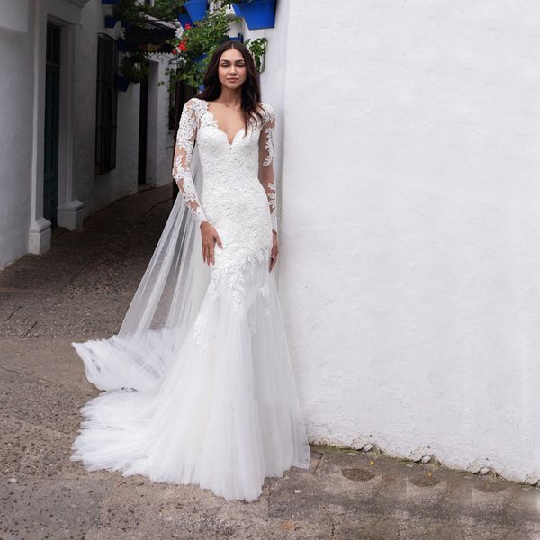 french style lace mermaid wedding dresses 2023 new arrival vintage long sleeves backless v neck bridal dress, White
french style lace mermaid wedding dresses 2023 new arrival vintage long sleeves backless v neck bridal dress, White