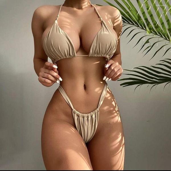 

Womens Swimwear Sexy String Triangle Bikinis Suit 2023 Halter Micro Thong Swimsuit Women Solid 2 Piece Bikini Set Bathing Biquinis, Beige