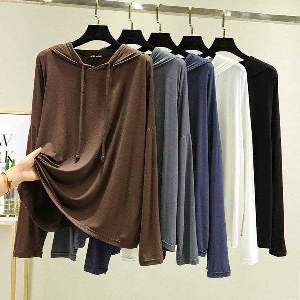 spring and summer modal long sleeved t shirt womens large size hoodie collar loose, White
spring and summer modal long sleeved t shirt womens large size hoodie collar loose, White