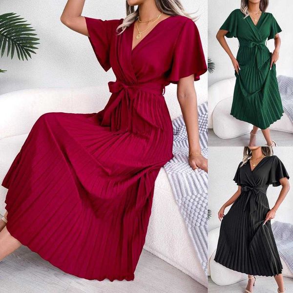 ins spring summer elegant dresses cross v neck swing pleated maxi dress womens, Black;gray
ins spring summer elegant dresses cross v neck swing pleated maxi dress womens, Black;gray