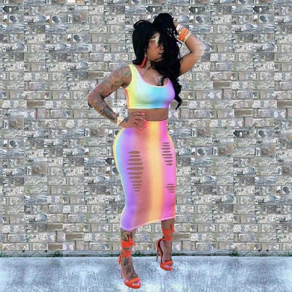 womens rainbow dresses gradient color burnt flower vest skirt two piece set, White 
womens rainbow dresses gradient color burnt flower vest skirt two piece set, White