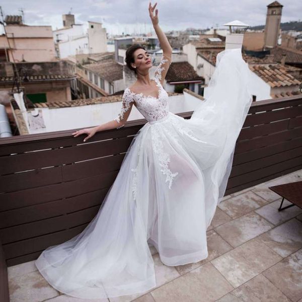 classic quarter sleeves sheath wedding dresses lace appliques with detachable train custom bridal gowns 2 in 1 for brides vestidos de novia, White
classic quarter sleeves sheath wedding dresses lace appliques with detachable train custom bridal gowns 2 in 1 for brides vestidos de novia, White