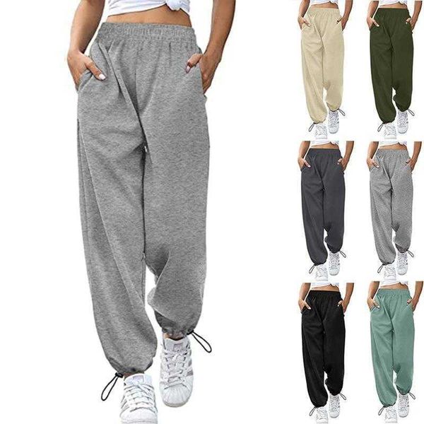 womens autumn sports casual drawstring wide leg pants ankle banded, Black;white