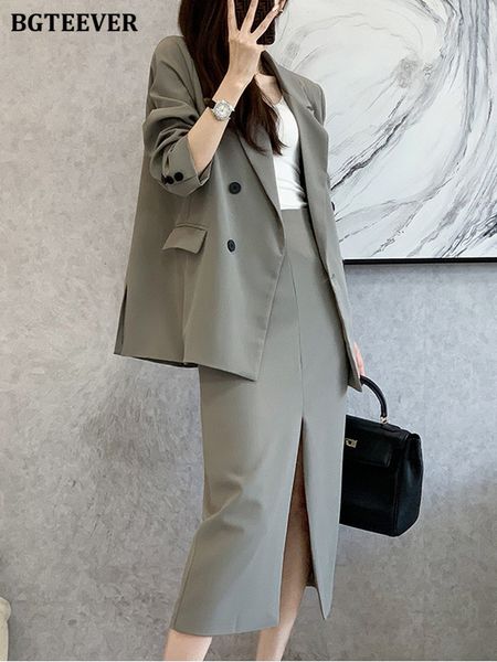 two piece dress bgteever autumn solid skirt suits female long sleeve double breasted blazer high waist split pencil set 230331, White
two piece dress bgteever autumn solid skirt suits female long sleeve double breasted blazer high waist split pencil set 230331, White