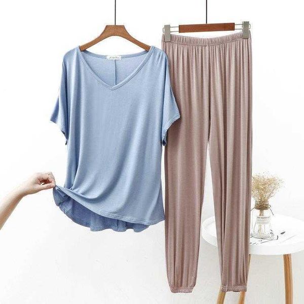 thin summer modal cotton loose fitting plus size v neck short sleeve ankle tied 
thin summer modal cotton loose fitting plus size v neck short sleeve ankle tied