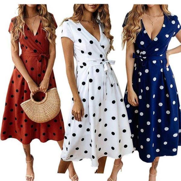 spring and summer fashion casual dresses v neck printed polka dot self tie dress, Black;gray
spring and summer fashion casual dresses v neck printed polka dot self tie dress, Black;gray
