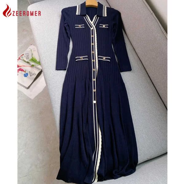 2023 france high-quality knitting stripes contrast v neck long sleeve a-line dress women elegant single-breasted slim long dress, White;black
2023 france high-quality knitting stripes contrast v neck long sleeve a-line dress women elegant single-breasted slim long dress, White;black