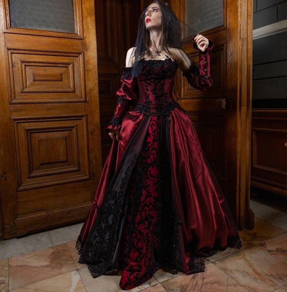 2023 vintage medieval gothic wedding dress a-line off the shoulder long sleeves black lace applique burgundy satin bridal gown floor length, White
2023 vintage medieval gothic wedding dress a-line off the shoulder long sleeves black lace applique burgundy satin bridal gown floor length, White