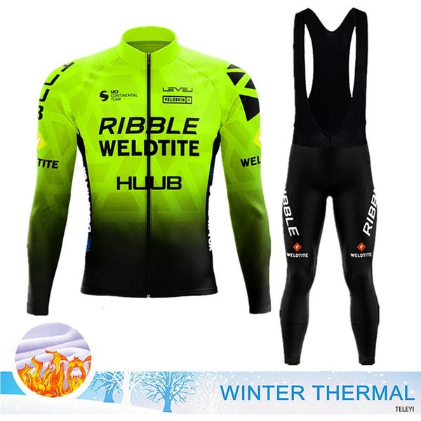 Image of Cycling Jersey Sets Fluorescent Green 2024 Winter Set Men Thermal Fleece Long Sleeve Racing Suit Clothing Bib Pants 231102