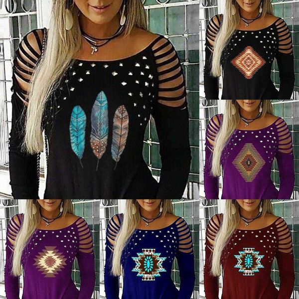 round neck slim blouses fit womens long sleeve rivet hollow out vintage printed, White
round neck slim blouses fit womens long sleeve rivet hollow out vintage printed, White